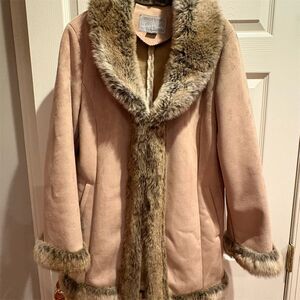 Beige Faux Suede Overcoat Fur Trim‎ Juliet Michelle By Adler Women's Winter